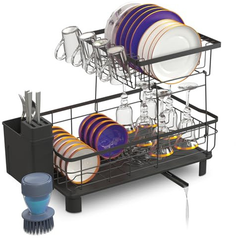 Genérico Escurreplatos para fregadero Rejilla de acero con bandeja de goteo y drenaje giratoria Gran capacidad, duradera y compacta Incluye cepillo dispensador de