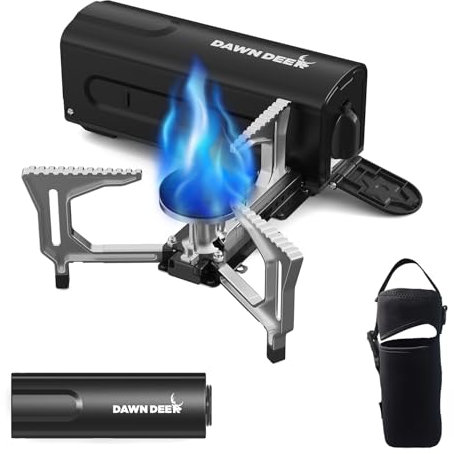 Dawn Deer Tragbarer Kassettenofen mit zarter Aufbewahrungstasche, faltbarer Campingkocher, kompakter Campingkocher, zusammenklappbarer Butangasbrenner 2200 W, Schwarz