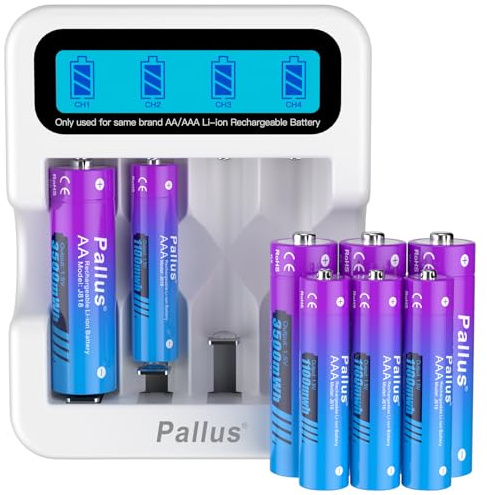 Pallus Piles AA et AAA Rechargeables, 4 Piles AA au Lithium de 3500 mWh et 4 Piles AAA au Lithium de 1100 mWh avec Chargeur Rapide de 2 Heures, Jusqu'à 1600 Cycles