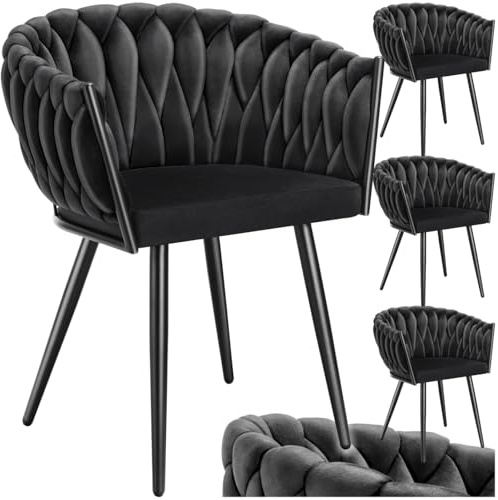 tectake® Juego De Sillas de Comedor, Silla Acolchada con Reposabrazos, Diseño Anudado, Estructura de Acero, Cocina, Sillas Comedor Nordica - 4 Sillas Negro