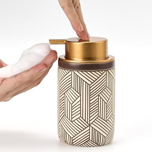 GIRLUFO Dispenser di sapone in ceramica, 350 ml, marrone, ricaricabile, per cucina, dispenser di sapone in schiuma con grande testa della pompa per bagno e cucina (dispenser di sapone, dispenser di