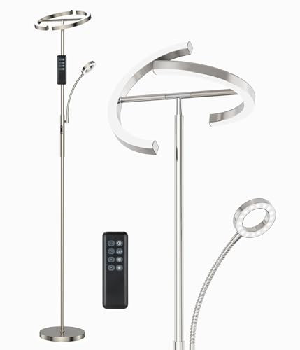ANTENLICHT Stehlampe Dimmbar LED | Silber-Stehleuchte 20W mit flexibler 7W Leselampe | Modern deckenfluter mit fernbedienung mit 4 Farbtemperatur für Wohnzimmer, Schlafzimmer, Büro, Hotel