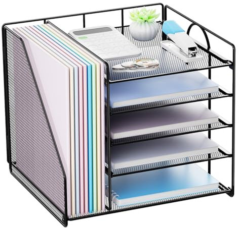 Restorgan Desk Organiser with File Holder, 5 Tiers Paper Letter Tray Organiser, Desktop Organiser and Storage, Mesh Desk Organisers and Accessories for Home Office Supplies