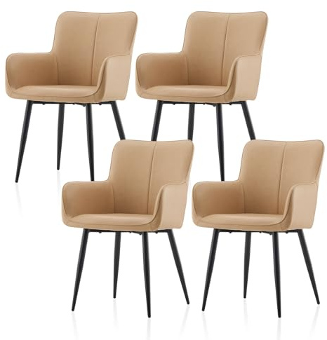 TUKAILAI Esszimmerstühle 4er-Set Kunstleder, Gepolsterter Küchenstuhl, Ergonomischer Polsterstuhl mit Armlehnen Rückenlehne Metallbeine, Sessel für Esszimmer Wohnzimmer Küche Schlafzimmer, Creme