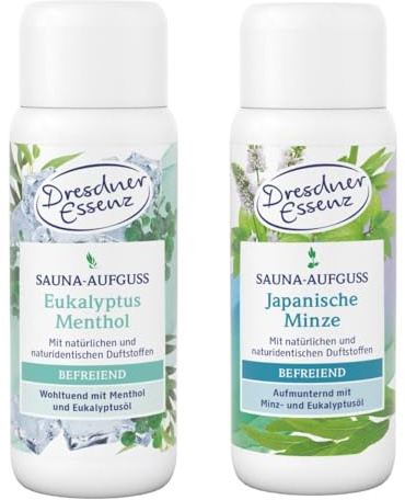 Dresdner Essenz Sauna-Aufguss 2er-Set Eukalyptus Menthol + Japanische Minze | Befreiende Sauna mit Menthol- & Eukalyptusöl + sowie Minz- und Eukalyptusöl | Set bestehend aus 2 x 250 ml