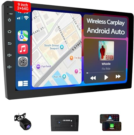 Haudio 9 Inch 2 Din Car Stereo with Apple Carplay and Android Auto, HD Backup Camera, GPS Navigation, Bluetooth, Voice Control, Mirror Link, FM/AM/AUX for All Vehicles - 2+64GB
