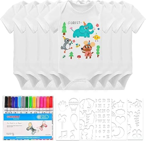Haklapp för målning kortärmad baby body, set om 8, babyparty, haklapp baby med 8 kortärmad body (38 x 21 cm) 100 % ekologisk bomull, färgglad textilpenna med mallar för babyparty, spel, babyshower