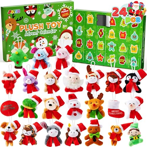 JOYIN Adventskalender 2025 mit Plüsch, 24-Tage-Countdown-Kalender, Plüschtiere mit Weihnachtsmützen, Weihnachtsgeschenke, Weihnachtsgeschenke für die Schule, Spielzeug für Jungen und Mädchen