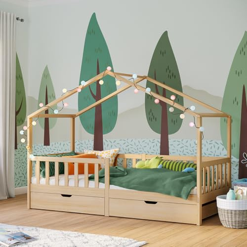 Bellabino Bia Kinderbett 90 x 200 cm – Hausbett mit Rausfallschutz, Lattenrost und 2 Schubladen – Montessori Kinder Bett aus Massivholz Kiefer – für Jungen und Mädchen mit Stauraum in Natur