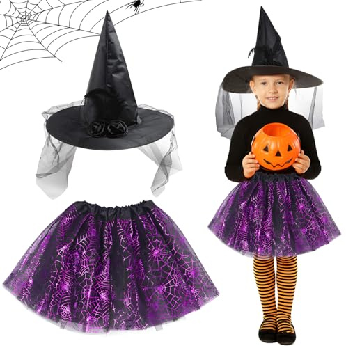 SUBRINGE Hexenkostüm Mädchen Kinder mit Hexenhut und Tutu, Hexe Kostüm Kinder, Halloween Hexenkostüm Mädchen Spinnennetz, Halloween Faschings Cosplay Party