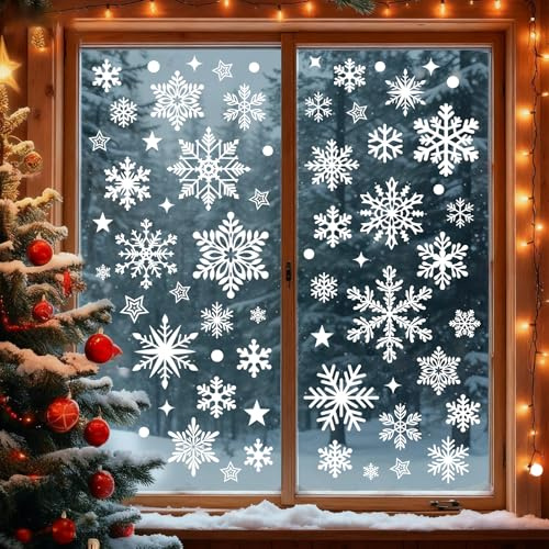 Pegatinas Navidad Ventanas Cristal Grandes Copos de Nieve, 160 Piezas Blanco Vinilos Navidad Escaparate Reutilizable, Adornos de Navideños para Ventanas con Estrellas, Adhesivos Navideñas Decoracion