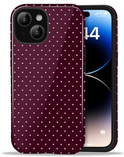 Amzfield Case for iPhone 13/14, Small Polka Dot Dual Layer Retro, Burgundy | Small Polka Dot Dotted Shockproof Dual Layer Retro Cute Girly for Girl Women Drop Protection Precise Cutouts Impact Resistant