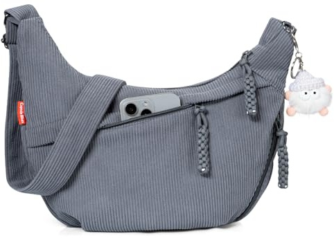 Captain Blues Cross Body Bag for Women, Crescent Bag, Half Moon Hobo & Shoulder Bag, Corduroy Dumpling Side Bag with Adjustable Strap & Pockets, Soft Cotton Lining for School, Travel, College (Grey)