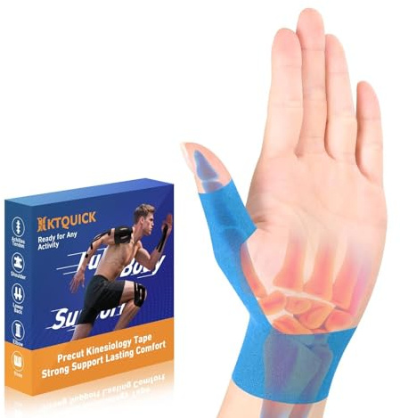 KTQUICK Förskurna kinesiotejp för fingerskydd, 10 stycken kinesiologitejp för tummen, hudvänlig med perfekt bärkomfort, vattentätt och elastiskt fysiofingerförband – höger blå
