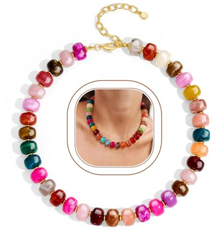 HolidayQbee Beaded Necklace for Women Boho Colorful Bead Gemstone Chunky Necklace Big Bead Necklace Fashion Trendy Summer Stone Beaded Necklaces Jewelry Gifts
