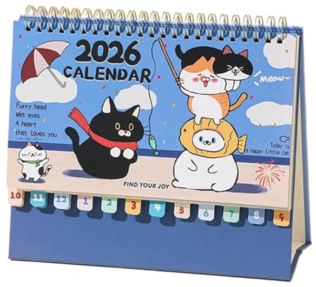 Skrivbordskalender för år 2026 - kattplanerare med | 12 månader djurkalender | för planering programmering dekoration organisering kontor hem skola studierum