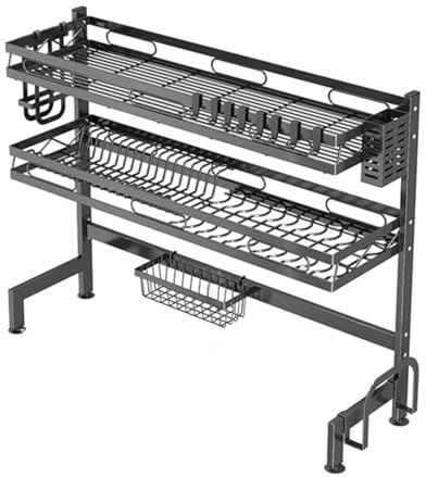Yagosodee Over The Sink Dish Drying Rack, Sink Organize Stand with Utensil Holder 8 Hooks Kitchen Counter Storage Shelf Dish Draining Drainer Rack Cutting Board Holder for Plates Bowls Pots, Black