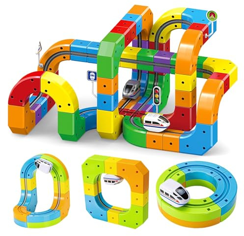 Set de Train Électrique Clickrail 81 pièces – Circuit de Courses 3D avec Cubes Magnétiques, Train Motorisé, Parcours Anti-Gravité, Jouet DIY à Construire pour Enfants (B)