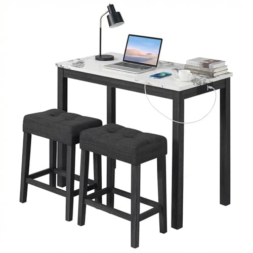 COSTWAY 3-Piece Bar Table Set with Charging Station, Modern Counter Height Breakfast Table w/Faux Marble Top & 2 Padded Stools, Wooden Console Table Set for Living Room, Kitchen, Dining Room (White)