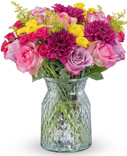 Benchmark Bouquets Mothers Day Mixed Bouquet – Real Fresh Flowers for Delivery – Mothers Day Flowers for Mom – Premium Rose Floral Arrangement with Keepsake Glass Vase - Gifts for Mom