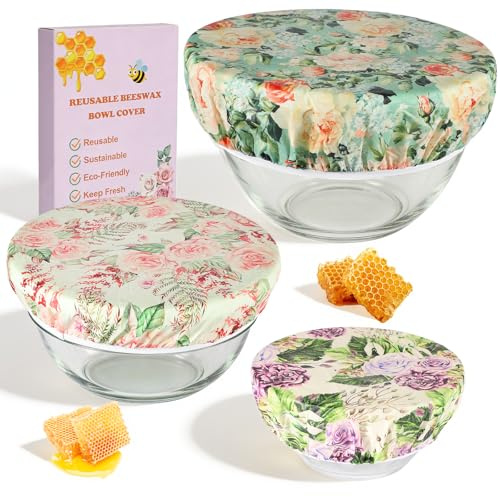 SUPERNIGHT 3PCS Reusable Beeswax Bowl Covers, 8/10/12 Inch Bowl Covers for Bread Proofing, Elastic Cotton Cloth Sourdough Bread Cover, Dough Proofing & Food Storage, Durable