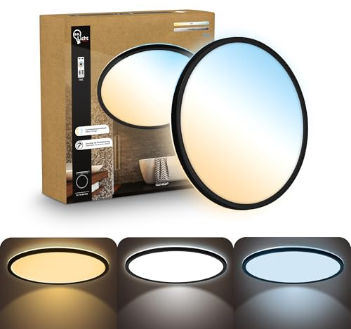 B.K.Licht - Panel LED plano con mando a distancia, regulable, iluminación indirecta, CCT ajustable de luz cálida a luz diurna, IP44, plafon led techo baño, lámpara techo, salón, 42 x 3 cm, negro