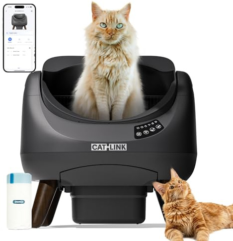 CATLINK Självrengörande kattlåda, automatisk kattlåda med öppen topp, 5 GHz-anslutning, stor kapacitet 12 L, för alla typer av kattlådor, perfekt för flerkattfamiljer (mörkgrå)