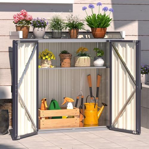 YODOLLA Pflanztisch mit variabel Regalen, wetterfest Gartenschrank, Grau | Metall Gartenaufbewahrung mit Arbeitsplatte für den Außenbereich, 97x34x93cm