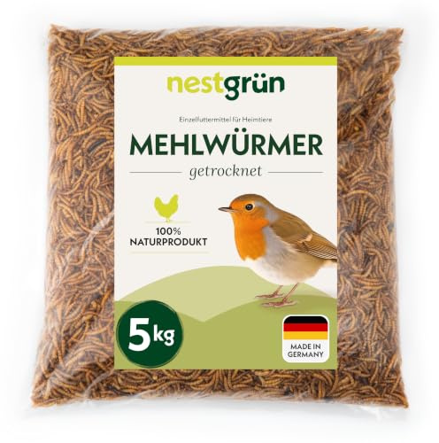 Nestgrün Mehlwürmer getrocknet 5 kg, Premium Futterinsekten für Vögel, Ziergeflügel, Reptilien, Nager & Fische – proteinreicher Snack, schonend getrocknet, 100% natürlich