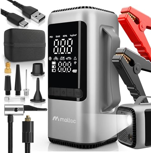 MalTec Jump Starter Auto Starthilfe 1000A mit Kompressor 150 PSI, KFZ Powerbank Akku 8000mAh, LED-Licht, Autostarter Booster Batterie, Tragbares Starthilfegerät für 12V Auto Motorrad Reifen