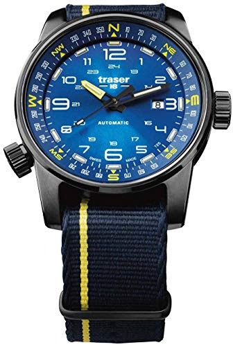 Traser Outdoor P68 Pathfinder Automatic Blue Herren Armbanduhr aus PVD-beschichtetem Edelstahl und Textil in der Farbe Schwarz-Blau-Gelb 46mm, Wasserdichtigkeit: 10Bar, 107719