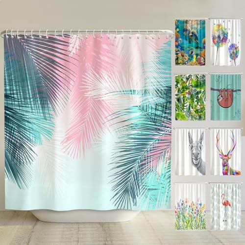 arteneur Anti-Schimmel Duschvorhang 240x200 cm Palmenblätter | Textil recycelt, OEKO-TEX 100, 40°C Maschinenwäsche, blickdicht, wasserdicht, beschwerter Saum, mit 16 recycelten Ringen