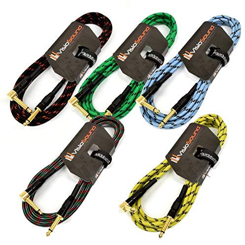 VisioSound 5 x Premium Tweed Guitar Bass Lead / 6.35mm 1/4 Angled Jack/Braided Instrument Cable (Multi-Coloured, 5m, Pack of 5)