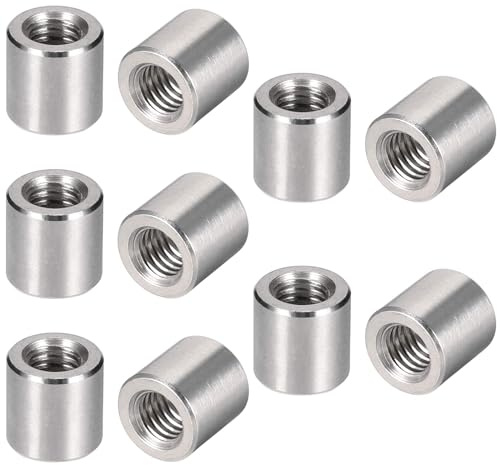 MroMax 10Pcs M6 Round Connector Nuts, 304 Stainless Steel Rod Coupling Nuts 10mm/0.39 Length Female Thread for Camera Pan, Lamp Bracket, Glass Folding Dining Table Silver