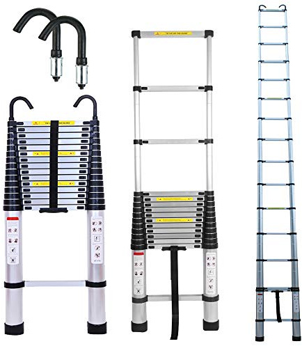 Scala telescopica da 6,2 metri e kit di ganci per tetto in alluminio, capacità massima di carico 150 kg, portatile, facile da trasportare e riporre 15 gradini, ideale per la manutenzione in edifici di