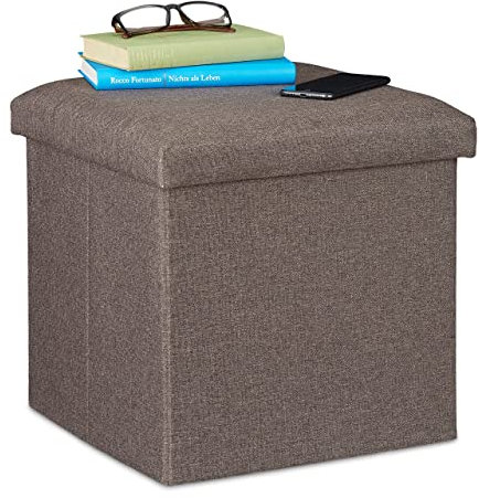 Relaxdays Sitzhocker mit Stauraum, faltbar, weich gepolstert, eckig, Stoff, Sitzwürfel, HBT: 37x37,5x37,5 cm, Graubraun