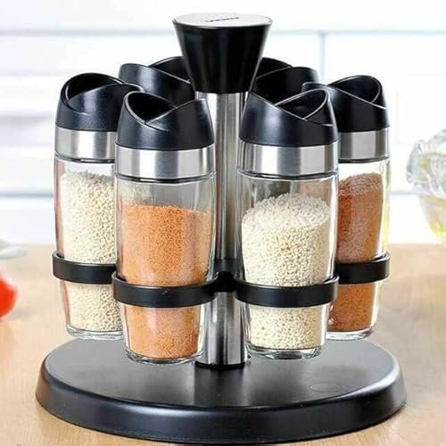 Aminno Condiment Spices Glass Jars Storage 7 Pc Set 90ml Rotating Stand Matte Finish Spice Organiser Rotating Spice Rack/Spice Storage | Revolving Spices Storage Holder with Stainless Steel