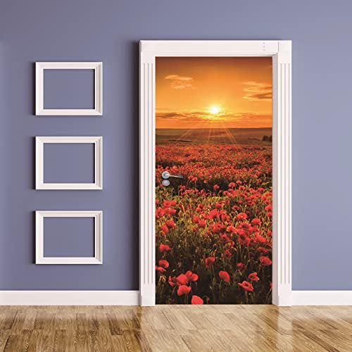 Türtapete Selbstklebend 80X200 Roter Blumen-Sonnenuntergang Türtapete Selbstklebend Türposter,Fototapete Selbstklebend 3D Pvc Türaufkleber Diy Türbild,Türfolie Poster Tapete