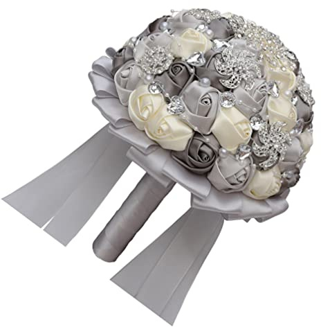 BESPORTBLE 1pezzi Bouquet Sposa Matrimonio Nastro Fiori Da Sposa Artificiali Bianco Argento Grigio Scuro Decorazione Per Evento