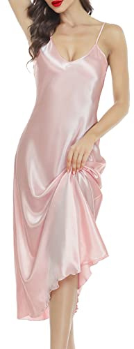 Lovasy Nattlinne för kvinnor, i satin, sexig negligé, lång v-ringad babydollklänning med spagettiband, underklänning, ROSA, M