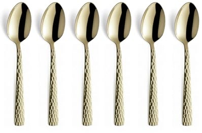 Amefa Felicity Mocca-/Espressolöffel Set 6-teilig | PVD Kaffeelöffel Set für 6 Personen | Champagner | Teelöffel 6 Stück | Gehämmerter Griff