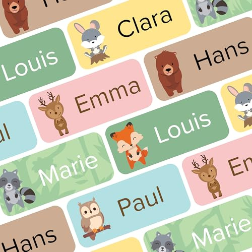 Wraplab Namensaufkleber für Kinder (120 Stück) - Gegenstände & Schule/Kita - Namensschilder für Schulsachen, personalisiert und spülmaschinenfest (Waldtiere)