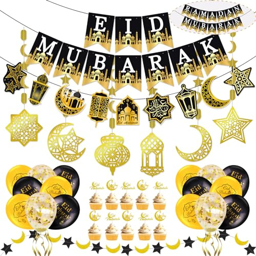 AhfuLife Eid Mubarak Banner Girlande Dekoration Set, Vormontiert Ramadan Mubarak Banner, 6 Islamic Stern Mond Girlande Spirale, 10 Cake Topper für Muslim Party Deko