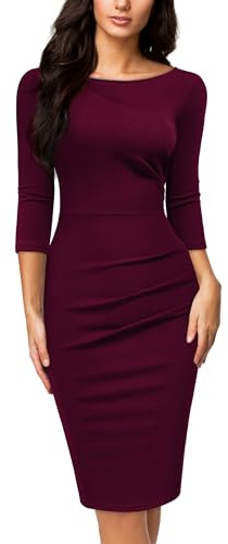 Miusol Women's Retro Ruffle Style 2/3 Sleeve Slim Work Pencil Dress (Small, Burgundy)