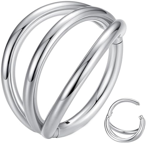 Popuhoops Anello per naso a triplo cerchio, in acciaio chirurgico 316L, 20 g, per cartilagine, setto nasale, senza cuciture, incernierato, segmento, conchiglia, daith, trago, elice, rook, piercing per