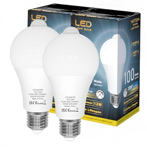 LUTW E27 Glühbirne mit Bewegungsmelder, 12W E27 LED Kaltweiss, 2 Stück | Leuchtmittel E27 Ersetzt 100W, 6000K Kaltweiß, 1200lm, 220° Abstrahlwinkel Energiesparlampe für Garage, Balkon, Treppe
