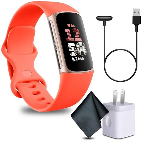 Fitbit Charge 6 Fitness Tracker Smartwatch Bundle with Cleaning Cloth and Charger (Gold/Coral)