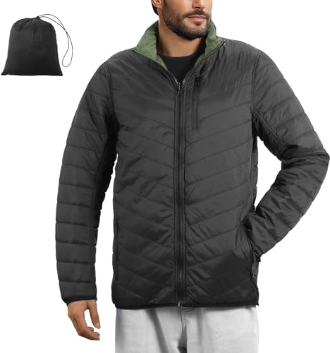 JEMIDI Chaqueta Acolchada Hombre - Plumifero Ultraligero Reversible - Cazadora Ligera Impermeable 5 Bolsillos Cremallera - Con Bolsa de Transporte - Negro/Verde