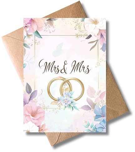 WBdesignz Queer Hochzeit Karte mit Umschlag Glückwunschkarte zur Trauung für Frauen Floral Blumen Gold Ringe Brautpaar Gay Liebe Verlobung Hochzeitskarte LGBTQ+ (DIN A6)