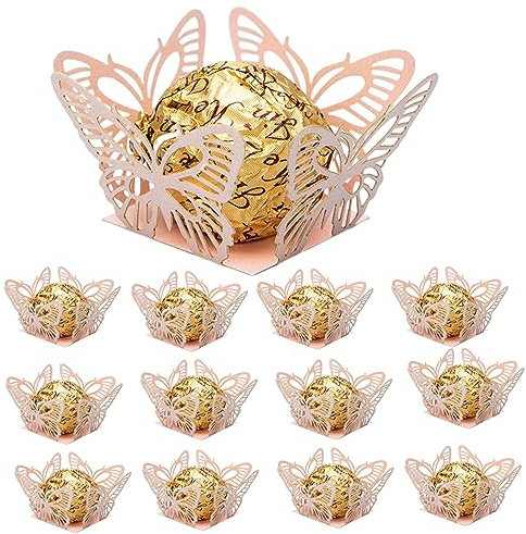50 pirottini di carta per cioccolatini e caramelle, piccoli, metallizzati, a forma di farfalla e tartufo, mini pirottini per cupcake per feste di nozze